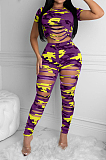 Casual Polyester Camo Short Sleeve Round Neck Ripped Crop Top Long Pants Sets LA3209