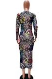 Multi Casual Polyester Long Sleeve Round Neck Mid Waist Long Dress AA5109