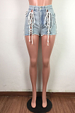 Casual Jeans Eyelet Knotted Strap High Waist Shorts LA3203