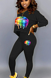 Black Casual Polyester Mouth Graphic Long Sleeve Tee Top Long Pants Sets AA5100