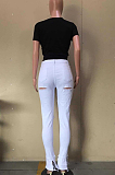 Casual Cotton Pure Color Ripped Mid Waist Long Pants Jeans D8378