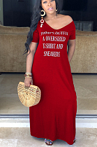 Red Casual Polyester Letter Short Sleeve Round Neck Long Dress W8307