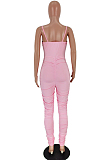Pink Casual Polyester Sleeveless Spaghetti Strap  Open Back Ruffle Cami Jumpsuit HY5131
