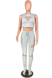 Grey Casual Polyester Sleeveless Round Neck Ripped Ruffle Tank Top Long Pants Sets W8290