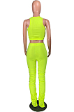 Fluorescent Green Casual Polyester Sleeveless Round Neck Knotted Strap Ripped Ruffle Tank Top Long Pants Sets W8289