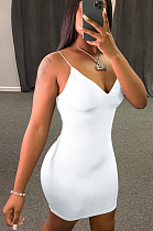 White Casual Polyester Sleeveless V Neck Ruffle Slip Dress HY5165