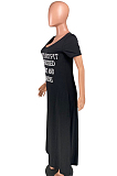 Red Casual Polyester Letter Short Sleeve Round Neck Long Dress W8307
