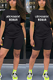 Black Casual Polyester Letter Short Sleeve Round Neck Tee Top Shorts Sets W8293