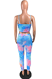 Blue Green Casual Polyester Sleeveless Tank Top Long Pants Sets W8309