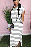 Red Casual Polyester Striped Short Sleeve V Neck Shift Dress HY5167