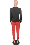 Red Casual Polyester Mouth Graphic Long Sleeve Utility Blouse Long Pants Sets W8306