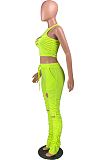 Fluorescent Green Casual Polyester Sleeveless Round Neck Knotted Strap Ripped Ruffle Tank Top Long Pants Sets W8289