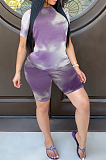 Casual Spandex Tie Dye Short Sleeve Round Neck Tee Top Shorts Sets JLX2081
