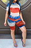 Casual Spandex Tie Dye Short Sleeve Round Neck Tee Top Shorts Sets JLX2081