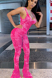 Rose Red Casual Polyester Tie Dye Sleeveless Pleated Tank Top Flare Leg Pants Sets WJ5102