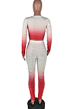 Rose Red Casual Polyester Mouth Graphic Long Sleeve Round Neck Ruffle Tee Top Long Pants Sets LY5855