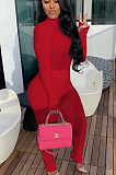 Red Casual Polyester Long Sleeve High Neck Ruffle Utility Blouse Long Pants Sets YX9226