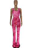 Rose Red Casual Polyester Tie Dye Sleeveless Pleated Tank Top Flare Leg Pants Sets WJ5102
