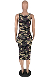 Navy Green Sexy Polyester Mouth Graphic Sleeveless Round Neck Tank Dress LY5852