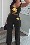 Grey Sexy Polyester Mouth Graphic Sleeveless Tank Top Wide Leg Pants Sets HG037
