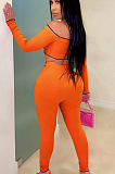 Orange Sexy Polyester Long Sleeve Waist Tie Utility Blouse Long Pants Sets ZS0300