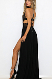Black Sexy Polyester Sleeveless Round Neck Backless Hollow Out Split Hem High Waist Long Dress ZS089