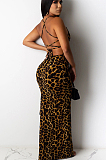 Brown Sexy Polyester Leopard Sleeveless Self Belted Backless High Waist Slip Dress SH7197