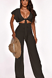 Sexy Polyester Short Sleeve Tie Front Utility Blouse Long Pants Sets SH7202