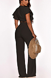 Sexy Polyester Short Sleeve Tie Front Utility Blouse Long Pants Sets SH7202
