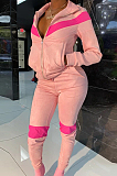 Casual Polyester Colorblock Long Sleeve Contrast Binding Zipper Front  Long Pants Sets ARM8206