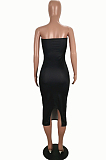 Black Sexy Polyester Floral Sleeveless Halterneck Split Hem High Waist Tube Dress SH7193