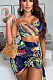 Navy Blue Sexy Polyester Sleeveless Backless Knotted Strap Bandeau Bra Above Knee / Short Skirt Sets SH7192