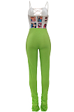 Casual Polyester Cartoon Graphic Sleeveless Cold Shoulder Self Belted Crop Top Long Pants Sets ALS201