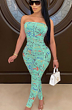 Cyan Sexy Polyester Sleeveless All Over Print Ruffle Tube Jumpsuit OMY8021