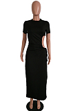 Black Sexy Polyester Short Sleeve Round Neck Split Hem Knotted Strap High Waist Long Dress SH7198