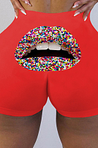 Red Sexy Polyester Mouth Graphic High Waist Shorts SH7203