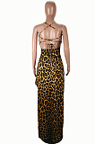 Brown Sexy Polyester Leopard Sleeveless Self Belted Backless High Waist Slip Dress SH7197
