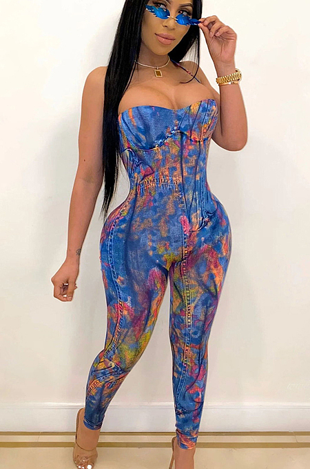Blue Sexy Polyester Sleeveless Spaghetti Strap  Open Back Cami Jumpsuit ZS090
