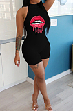 Casual Polyester Mouth Graphic Sleeveless Scoop Neck Bodycon Jumpsuit QQ5195