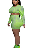Green Casual Polyester Striped Long Sleeve Round Neck Crop Top Above Knee / Short Skirt Sets YSH6157
