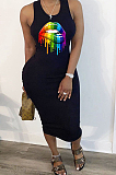 Black Casual Polyester Mouth Graphic Sleeveless Round Neck Ruffle Mid Waist Tank Dress LD8694