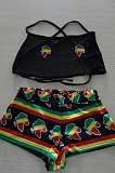 Black Sexy Polyester Sleeveless Self Belted Backless Tank Top Shorts Sets A8155