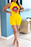 Casual Polyester Mouth Graphic Sleeveless Scoop Neck Bodycon Jumpsuit QQ5195