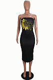 Black Sexy Polyester Floral Sleeveless Halterneck Split Hem High Waist Tube Dress SH7193