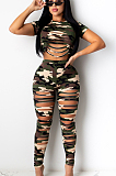 Green Casual Polyester Camo Short Sleeve Round Neck Ripped Tee Top Long Pants Sets ZS0308