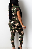 Green Casual Polyester Camo Short Sleeve Round Neck Ripped Tee Top Long Pants Sets ZS0308