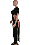 Black Sexy Polyester Short Sleeve Round Neck Split Hem Knotted Strap High Waist Long Dress SH7198