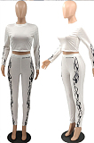 Pure Color Casual Polyester Long Sleeve Round Neck Longline Top Long Pants Sets QQ5199