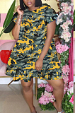 Casual Polyester Camo Short Sleeve Round Neck Flounce A Line Dress LM1021