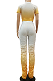 Casual Cotton Short Sleeve Round Neck Shirred Detail Gradient Ramp Crop Top Long Pants Sets CM763